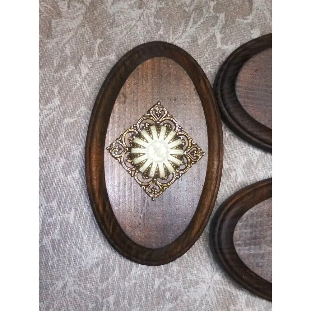 VINTAGE wall hangings Set of 3 Oval Ornate Embellished brown 5.25